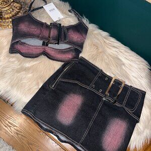 "Zev" mini skirt and crop top set pink denim - NWT